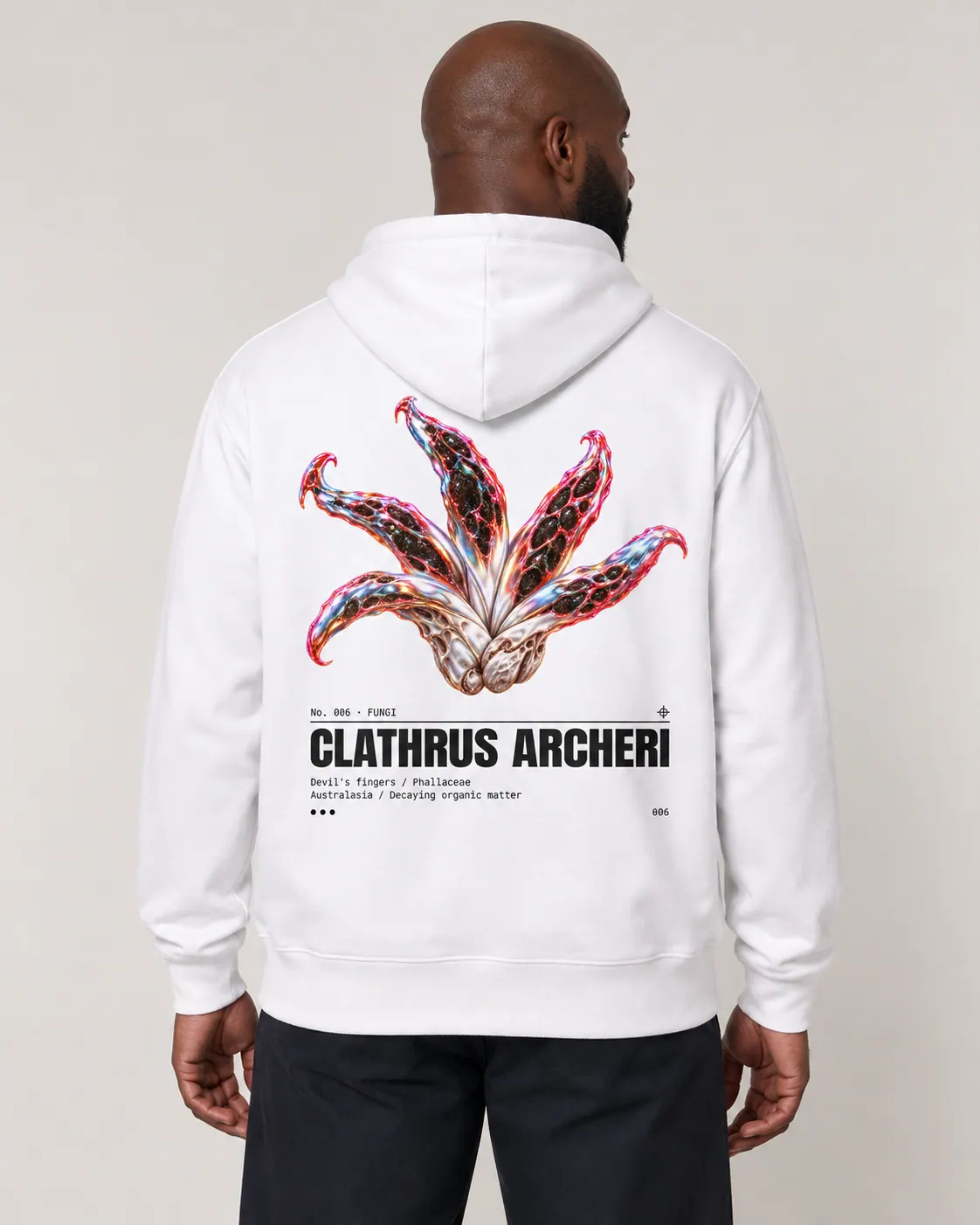 Clathrus archeri, hoodie blanc, porte