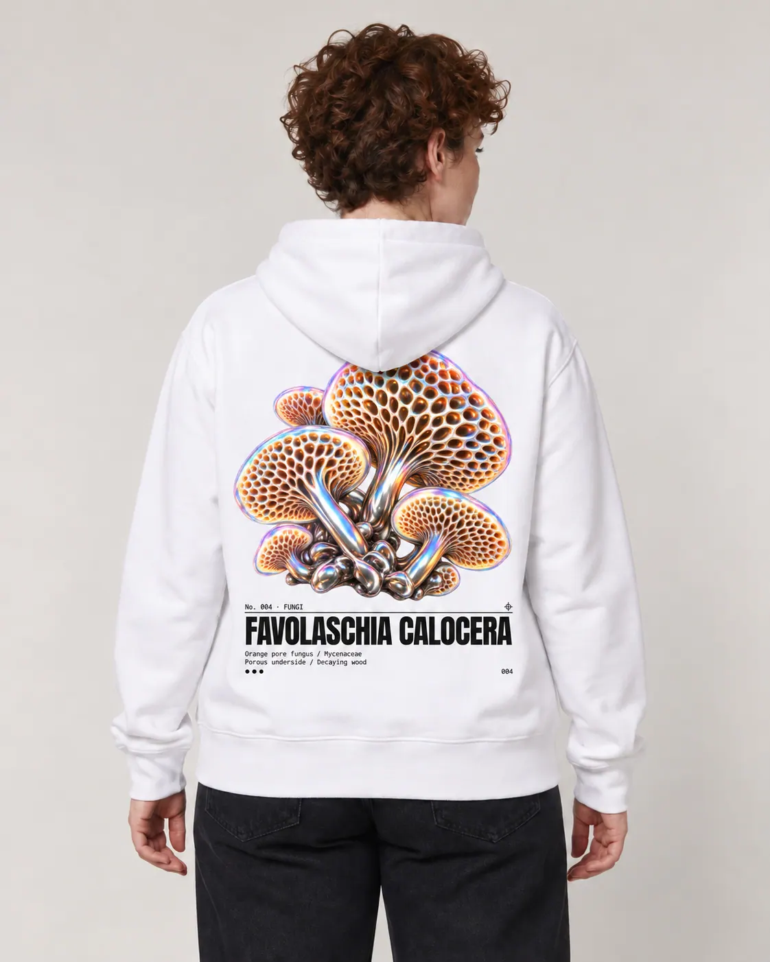 Favolaschia calocera, hoodie blanc, porte
